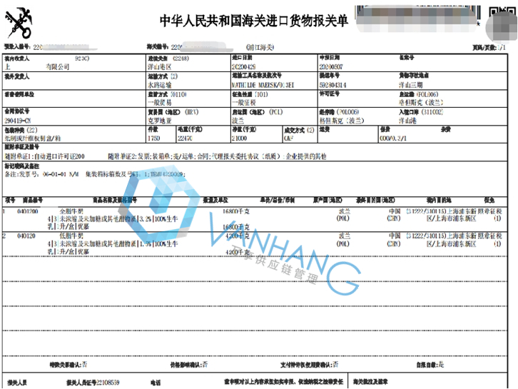 波兰牛奶进口清关资料